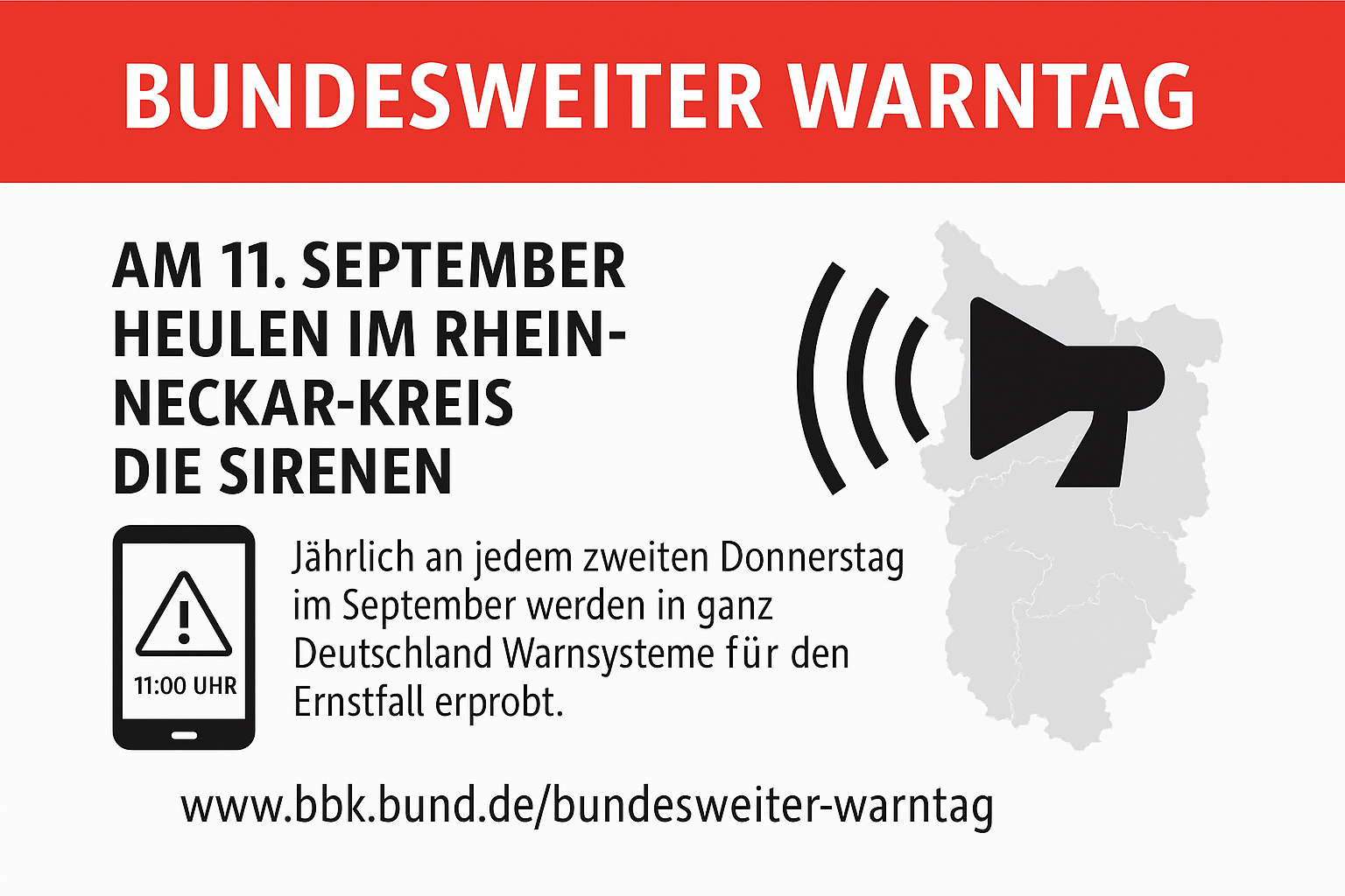 Bundesweiter Warntag: Am 11. September heulen im Rhein-Neckar-Kreis die Sirenen (Grafik: ChatGPT/Busse)