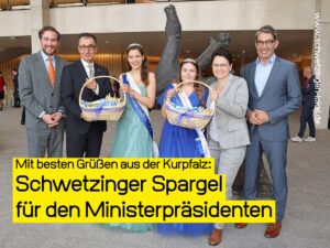 Königin Emilia I. und Prinzessin Marlen I. übergaben Spargel an Ministerpräsident Cem Özdemir und Landwirtschaftsministerin Marion Gentges