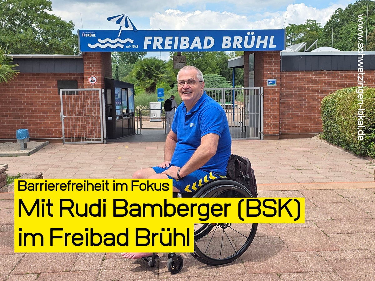 Rudi Bamberger vor dem Eingang des Freibads Brühl zum Thema Barrierefreiheit