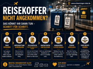 Infografik mit Tipps für Reisende, wenn der Reisekoffer am Flughafen nicht angekommen ist.