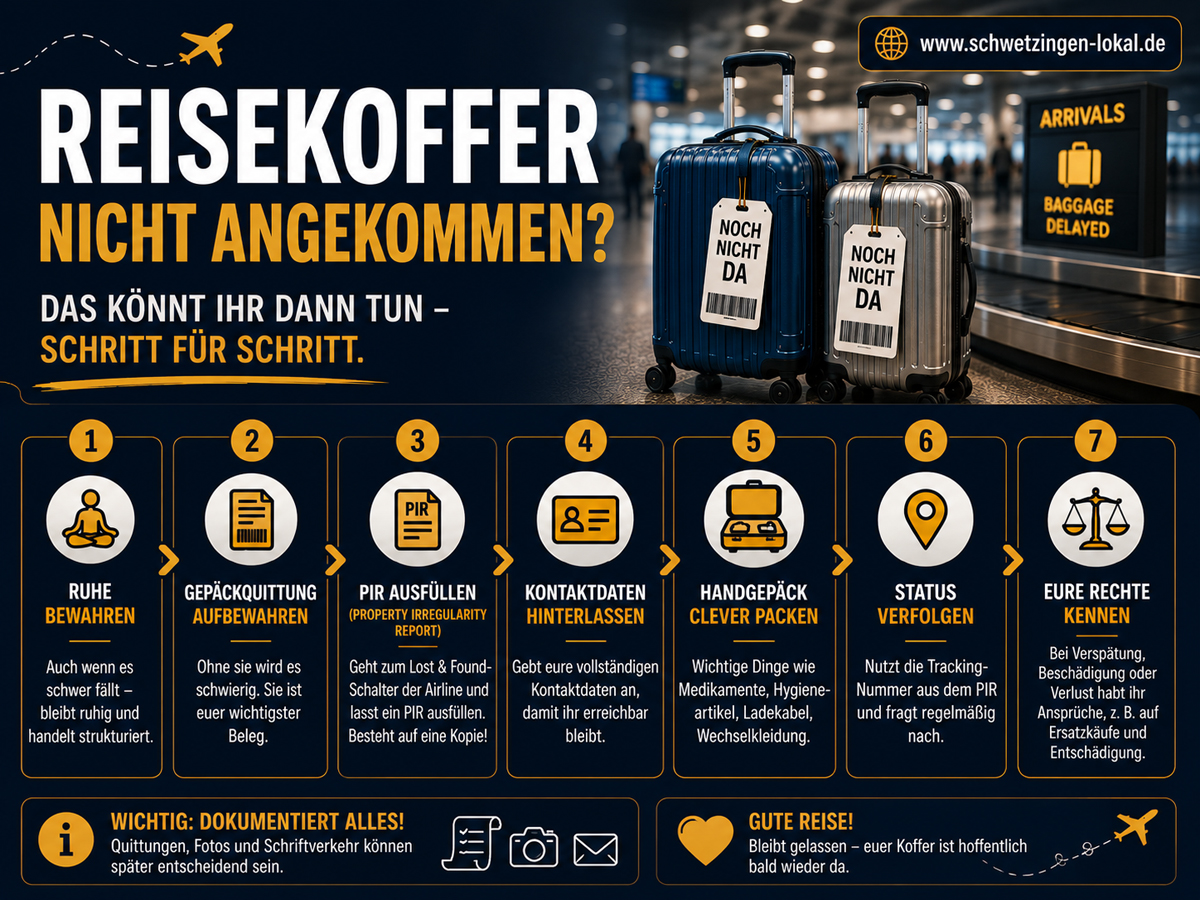 Infografik mit Tipps für Reisende, wenn der Reisekoffer am Flughafen nicht angekommen ist.