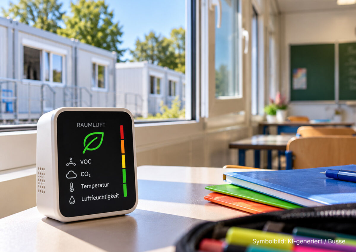 KI-generiertes Symbolbild eines Klassenzimmers mit Raumluftmessgerät und Schulcontainern vor dem Fenster.